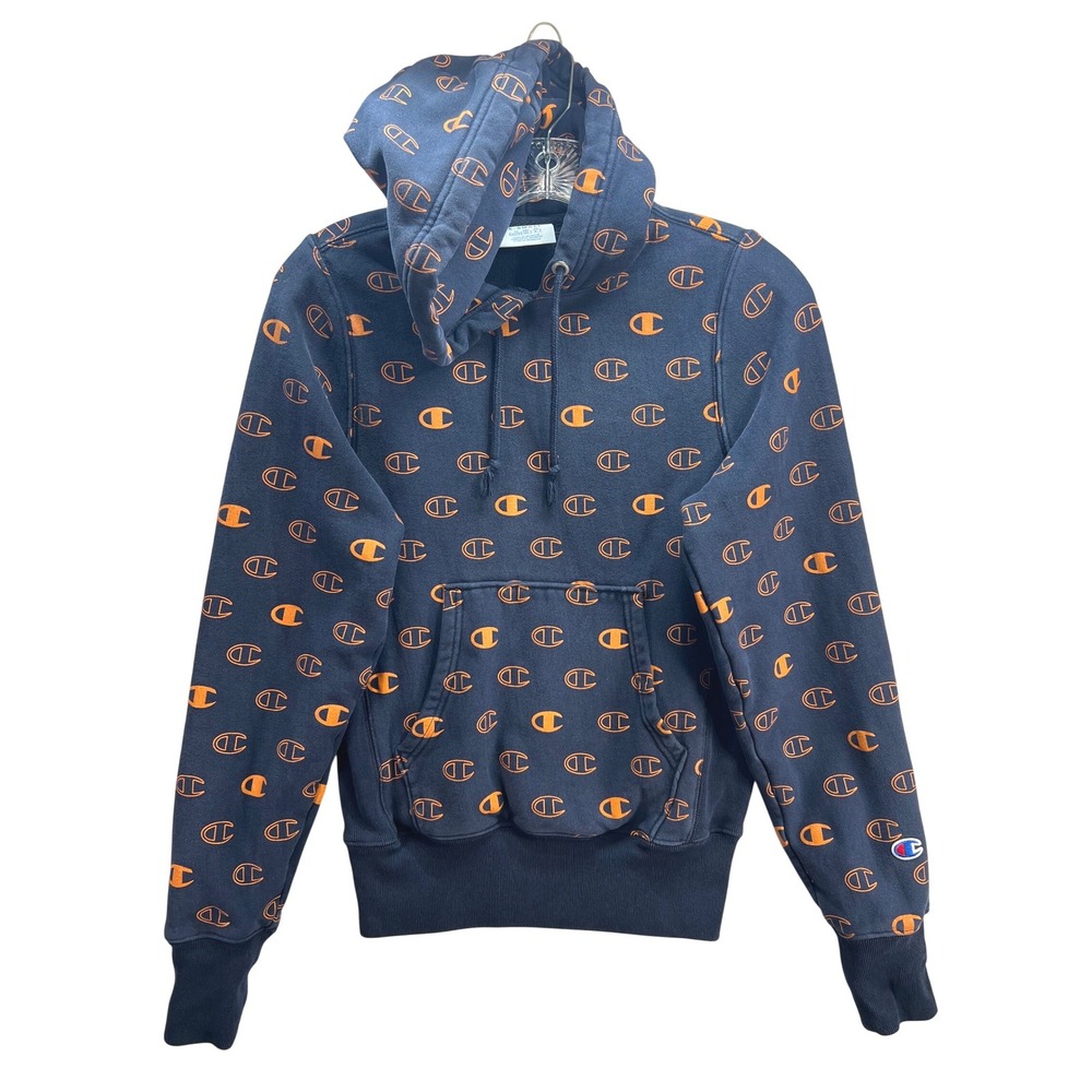 Champion Reverse Weave Hoodie Navy Blue Orange All Over Print Logo XS